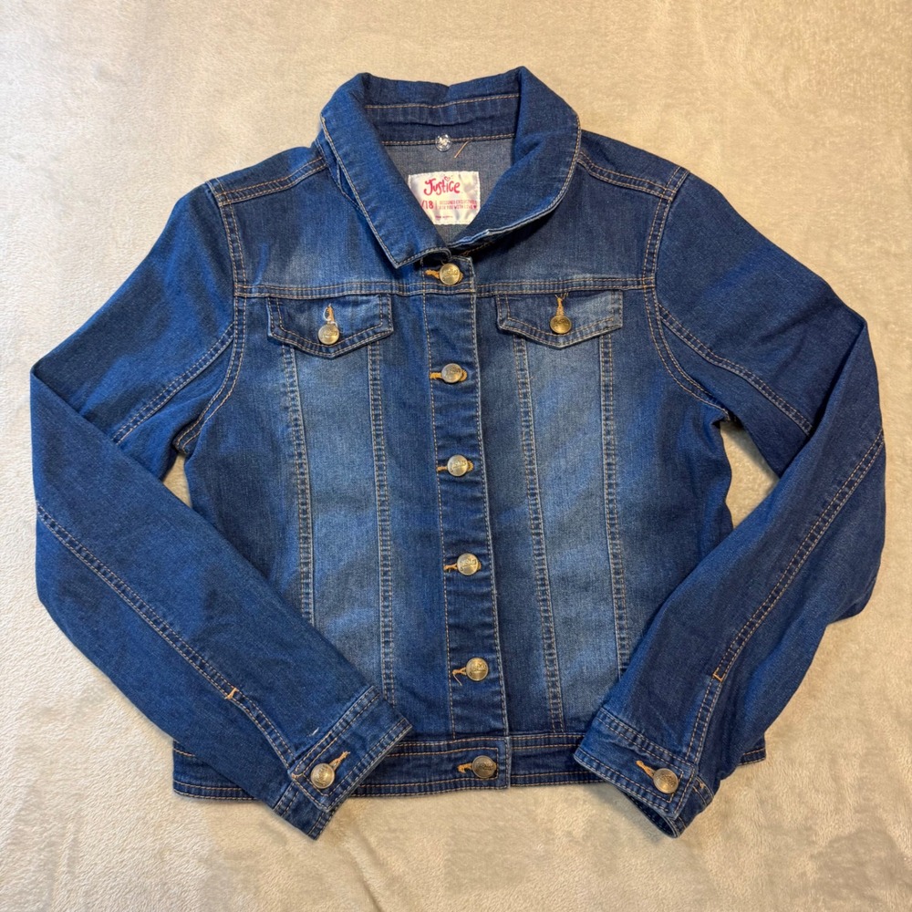 Justice Girls Blue Denim Trucker Jacket Medium Wash Size 16/18 Western basic